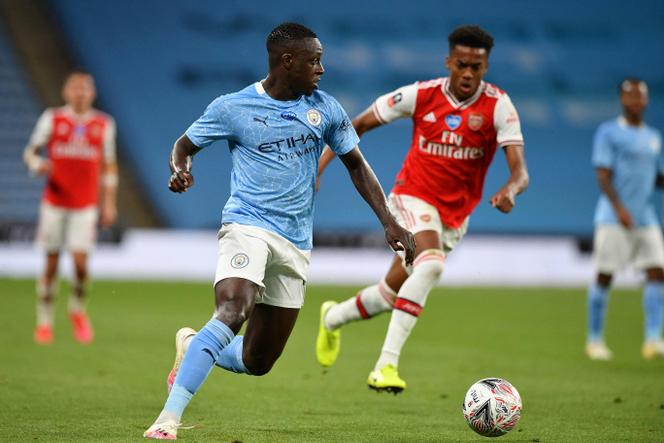 French defender Benjamin Mendy (L) in London, on July 18, 2020.