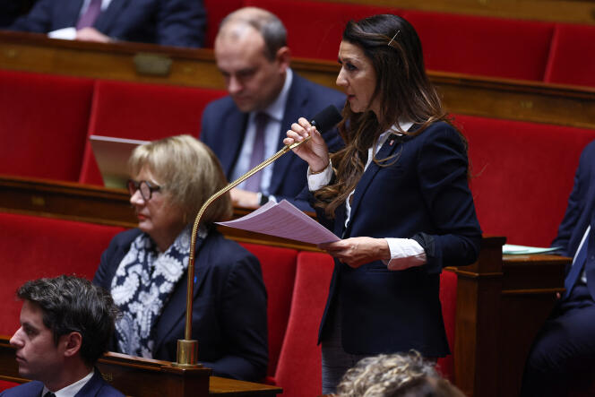 Sabrina Agresti-Roubache, députée du parti Renaissance, lors d’une séance de questions au gouvernement à l’Assemblée nationale, à Paris, le 11 avril 2023. 