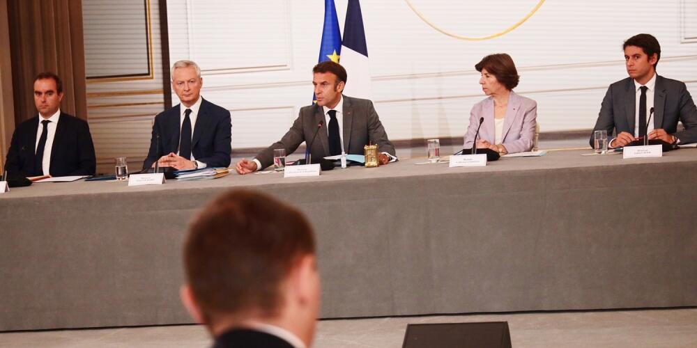Emmanuel Macron lors de son discours en ouverture du conseil des ministres du nouveau gouvernement Borne au palais de l’Elysée, le 21 juillet 2023.