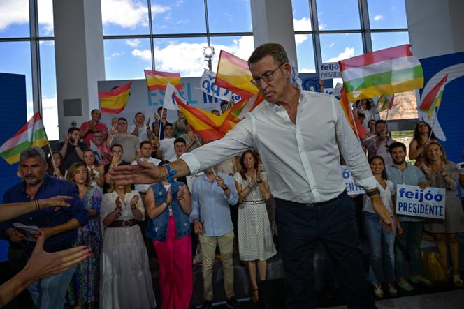 Le candidat du Parti populaire (PP) Alberto Nuñez Feijoo lors d'un meeting électoral à Logroño (Espagne), le 15 juillet 2023.