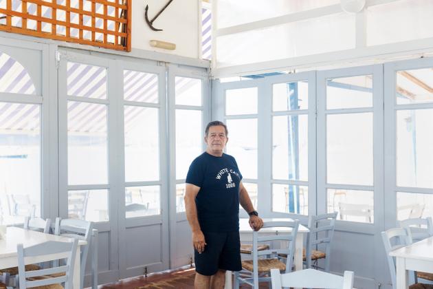 Andreas Kaikas in his restaurant White Cat, on the island of Poros, Greece, on July 4, 2023.