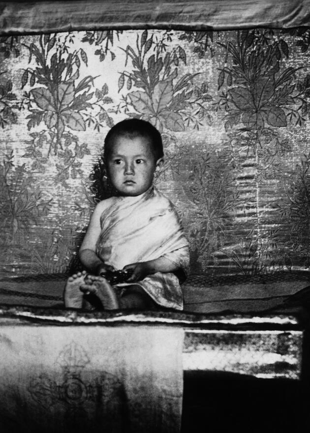 Portrait en 1939 du jeune Tenzin Gyatso, assis dans le temple d’Usersky-Dazan, en Mongolie. Il vient d’être reconnu par les prêtres du temple de Lhassa comme le 14ᵉ dalaï-lama, incarnation de ses prédécesseurs.