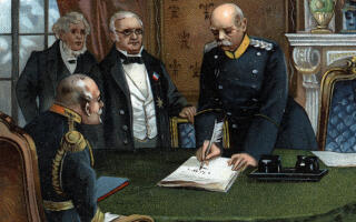 XEE4408842 Preliminary peace treaty of 26 February 1871 signed in Versailles, end of the Franco-Prussian war Between the head of the executive power of the Republic, Mr. Adolphe Thiers, and the Minister for Foreign Affairs, Mr. Jules Favre, representatives of France, on one side; and on the other: The Chancellor of the German Empire, Mr. Count - Otto de Bismarck Schoenhausen, with the full powers of His Majesty the Emperor of Germany, King of Prussia.; (add.info.: Preliminary peace treaty of 26 February 1871 signed in Versailles, end of the Franco-Prussian war Between the head of the executive power of the Republic, Mr. Adolphe Thiers, and the Minister for Foreign Affairs, Mr. Jules Favre, representatives of France, on one side; and on the other: The Chancellor of the German Empire, Mr. Count - Otto de Bismarck Schoenhausen, with the full powers of His Majesty the Emperor of Germany, King of Prussia.); it is possible that some works by this artist may be protected by third party rights in some territories.