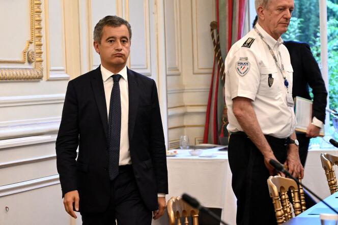 Le ministre de l’intérieur, Gérald Darmanin, durant une réunion avec les syndicats français à l’hôtel de Beauvau, à Paris, le 27 juillet 2023.