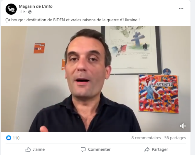 Une vidéo de Florian Philippot republiée par la page « Magasin de L’info ».
