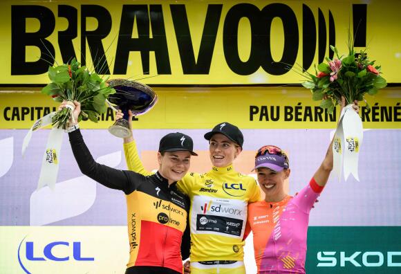 La Belge Lotte Kopecky (2e du Tour, à gauche), la maillot jaune Demi Vollering (au centre) et Katarzyna Niewiadoma (3e du Tour, à droite) sur le podium de la 8e étape du Tour de France Femmes 2023 à Pau, le 30 juillet 2023.