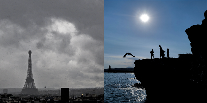 On the left, rain in Paris, July 28, 2023. Right, beachgoers in Nice, July 10, 2023.