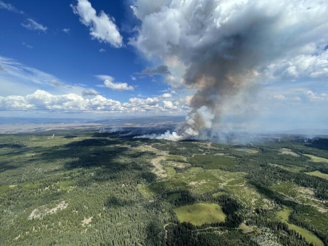 Aerial image of the British Columbia Wildfire Service showing the smoke from the Ross Moore fire south of Kamloops, British Columbia, Canada, on July 27, 2023.