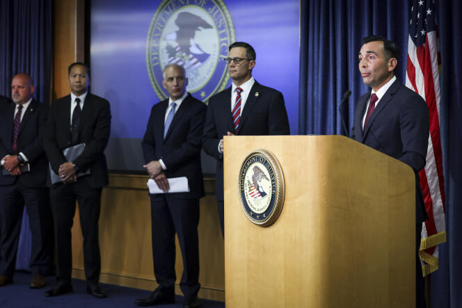 Une conférence de presse avec deux procureurs en charge de l’affaire d’espionnage au sein de l’armée américaine pour le compte de la Chine, le 3 août 2023 à San Diego (Californie).