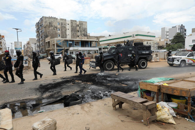 Police officers are deployed in Dakar during demonstrations against the arrest of opponent Usman Sonko, July 31, 2023.