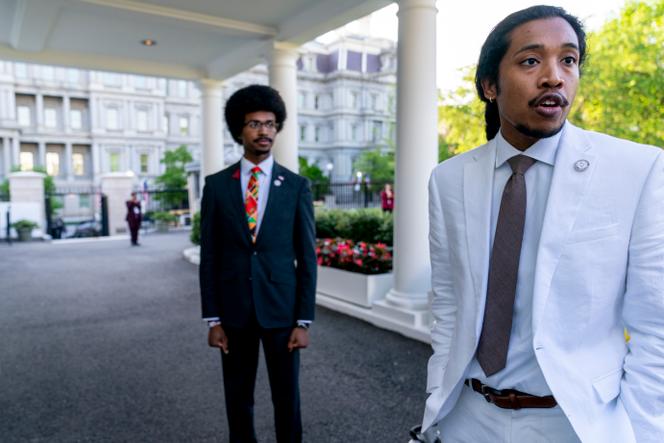 Tennessee representative Justin Pearson, D-Memphis, left, and Justin Jones, D-Nashville, outside the West Wing after meeting with President Joe Biden and Vice President Kamala Harris in the Oval Office of the White House in Washington, April 24, 2023. 