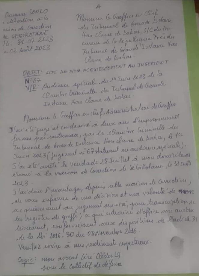 Lettre d’Ousmane Sonko pour signifier au tribunal son « non acquiescement au jugement ».