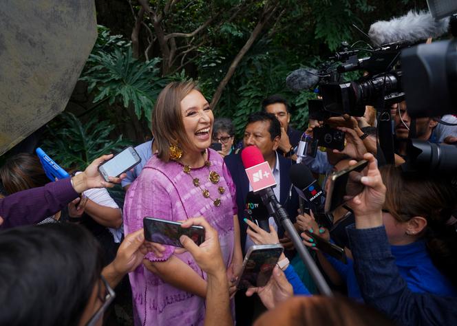 Opposition presidential candidate Senator Xochitl Galvez speaks to the press after registering her name as a candidate in Mexico City, July 4, 2023.