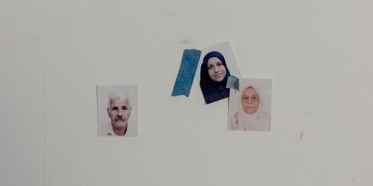 Cenon, France June 15, 2023 - After their daughter Chahinez Daoud was murdered by her husband in 2021, her parents moved to France to look after her three children.Photos of Chahinez Daoud and her parents mounted on the wall by Chahinez Daoud's daughter in the room she occupies in her grandparents' apartment.© Marlène Awaad / IP3 pour Le Monde