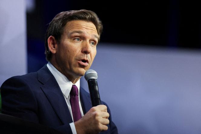 Florida Governor Ron Desantis speaks as he is interviewed by Former Fox News commentator Tucker Carlson (not pictured) during the Family Leadership Summit at the Iowa Events Center, in Des Moines, Iowa, US, July 14, 2023. 