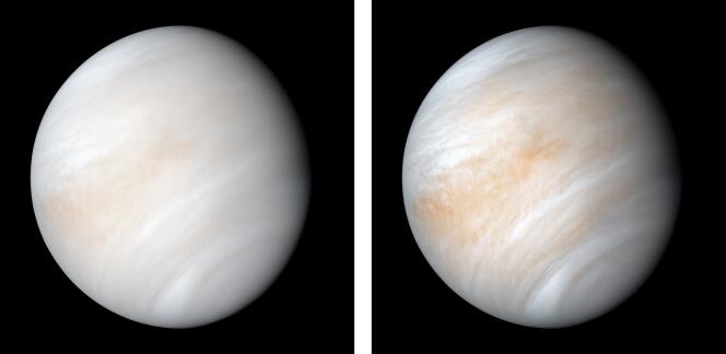Immagini di Venere e della sua densa atmosfera scattate dalla sonda Mariner-10 della NASA.
