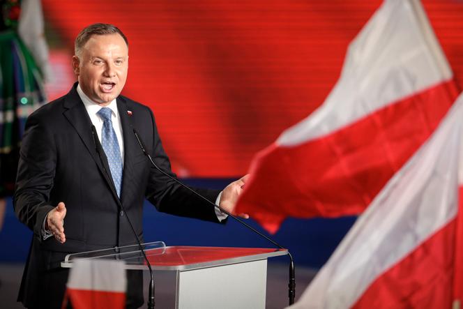 President Andrzej Duda addressees supporters after voting ended in the presidential election in Lowicz, Poland, June 28, 2020.