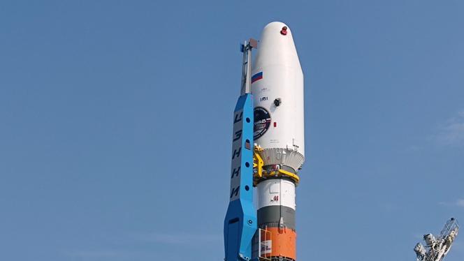 In this handout photograph taken and released by the Russian Space Agency Roscosmos on August 8, 2023, a Soyuz 2.1b rocket with the Luna-25 lander is seen mounted on the launch pad ahead of its launch scheduled for August 11, 2023, at the Vostochny cosmodrome, some 180 km north of Blagoveschensk, in the Amur region.