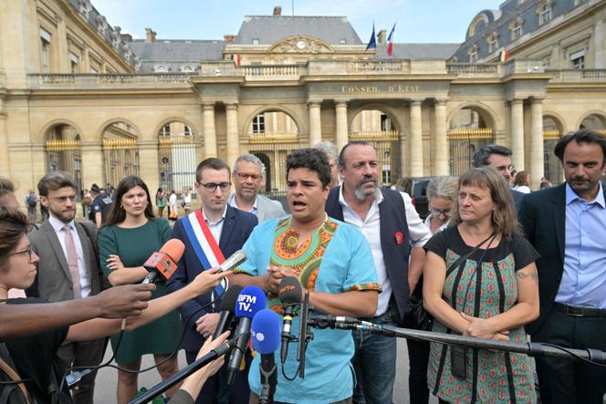 Basile Dutertre, a spokesman for Soulèvements de la Terre, in front of the Conseil d'Etat on August 8, 2023.