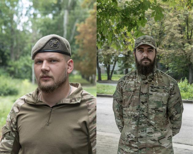On the left, Andryi Bloschinsky, known as "Nuts," section commander of the Third Ukrainian Assault Brigade. On the right, Volodymyr Skorobagatch, known as "BBC," group commander in the same brigade. In the area around Bakhmut, Ukraine, on July 31, 2023.