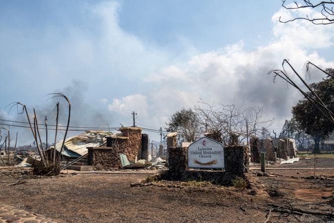 The remnants of Lahaina United Methodist Church sits Wednesday, August 9, 2023, in Lahaina, Hawaii.