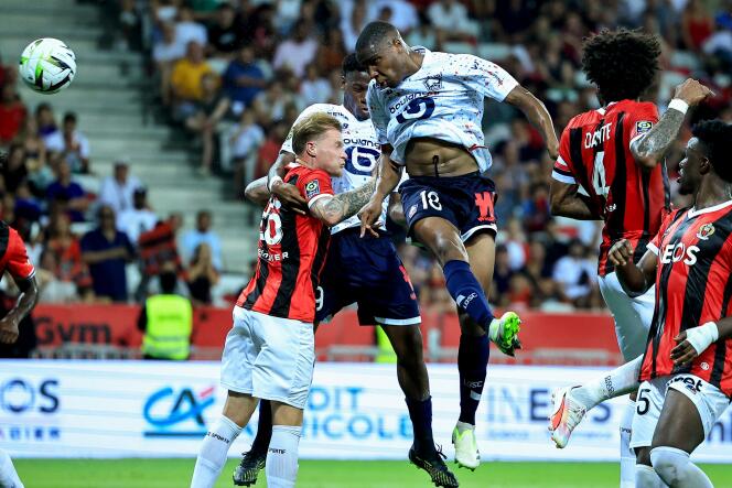 El cabezazo decisivo del Lille Bafodé Diakité para arrebatarle el empate en Niza (1-1) el 11 de agosto de 2023, en el Allianz Riviera.