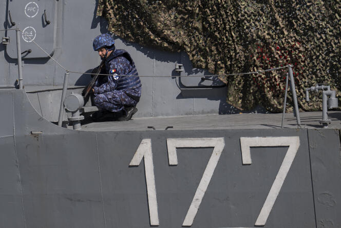 Exercice militaire naval au large de Mahmudia, en Roumanie, le 30 mars 2023.