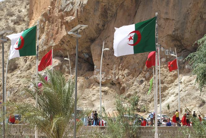 A view of Algerian and Moroccan flags along the closed border with Morocco, in the town of Marsa Ben M'Hid, Algeria, Friday, Aug. 11, 2023. 