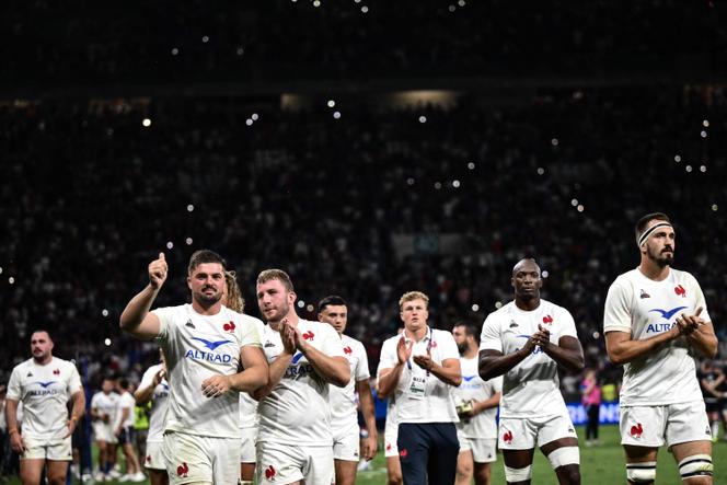 France's players celebrate after winning the pre-World Cup Rugby Union friendly match between France and Scotland at the Geoffroy-Guichard Stadium in Saint-Etienne, southeastern France, on August 12, 2023.
