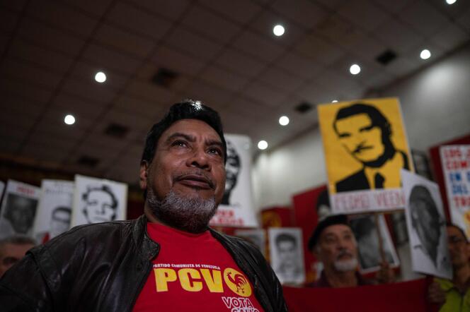 Le secrétaire général du Parti communiste du Venezuela, Oscar Figuera Gonzalez, démis de ses fonctions, vendredi 11 août 2023. Ici, au Théâtre Cantaclaro, à Caracas, le 12 août 2023.