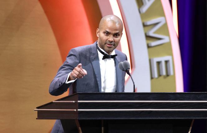 Inductee Tony Parker speaks during the 2023 Naismith Basketball Hall of Fame Induction at Symphony Hall on August 12, 2023, in Springfield, Massachusetts.