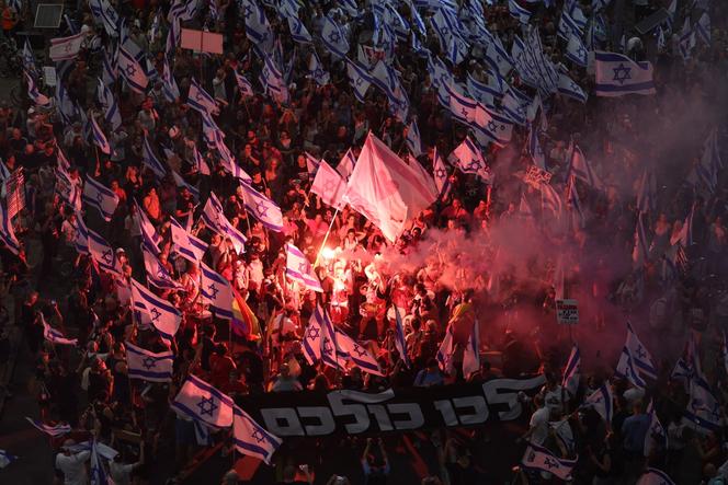 During a demonstration against the Israeli government's judicial reform, in Tel Aviv on August 12, 2023.