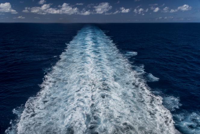 The wake of a 2,550-passenger cruise ship off Durban, South Africa, November 12, 2022.