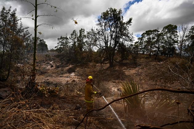 A Maui County firefighter extinguishes a blaze near homes during the Maui Fires in Kula, Hawaii, August 13, 2023.