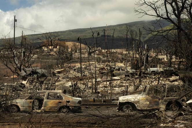 Carcasses of cars can be seen among the ashes of burnt neighborhood in the aftermath of a wildfire, is seen in Lahaina, western Maui, Hawaii on August 14, 2023. 