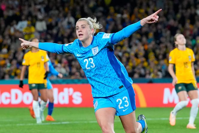 England's Alessia Russo celebrates after scoring her side's third goal during the Women's World Cup semifinal against Australia in Sydney, Australia, Wednesday, August 16, 2023.