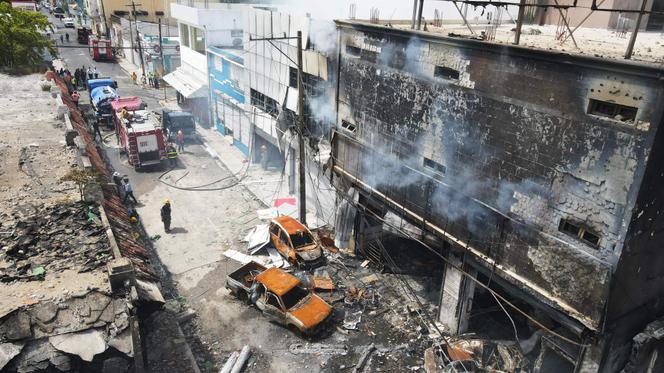 Aerial view of the area where a commercial establishment exploded in San Cristobal, Dominican Republic on August 15, 2023.