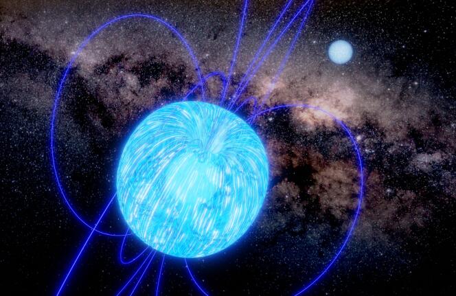Artistieke impressie van een massieve magnetar in binair systeem HD 45166, die mogelijk de oorsprong is van magnetars.