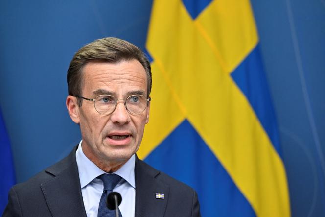Swedish Prime Minister Ulf Kristersson speaks at a press conference about the deteriorating security situation in the country. Stockholm, August 17, 2023.