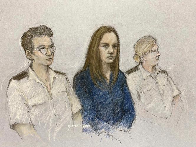 This court artist drawing by Elizabeth Cook from Aug. 10, 2023 shows of nurse Lucy Letby at Manchester Crown Court in Manchester, England. 
