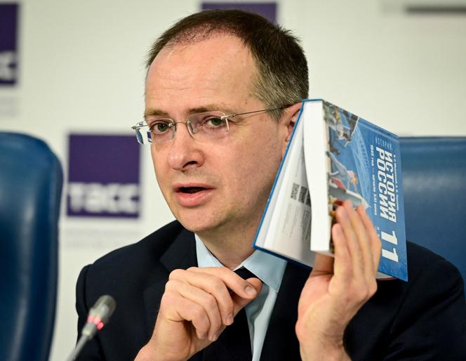 Presentation by Vladimir Medinsky of new textbooks on general world history and Russian history for high school students, which include references to the country's ongoing military action in Ukraine and the annexation of Crimea in 2014, in Moscow on August 7, 2023. 