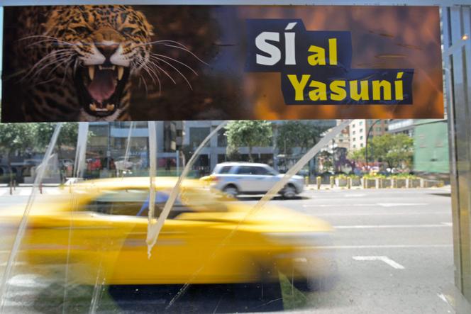 A bus station with an advertisement supporting the halting of the exploitation of crude oil in an important block of the Yasuni National Park in Quito, on August 18, 2023.