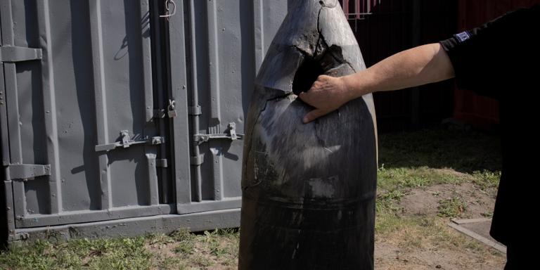 A Russian Kinjal hypersonic missile destroyed by the US air defense system in May 2023 is stored at the Institute for Scientific Investigation of Forensic Science in Kiev, Ukraine, on August 17, 2023.