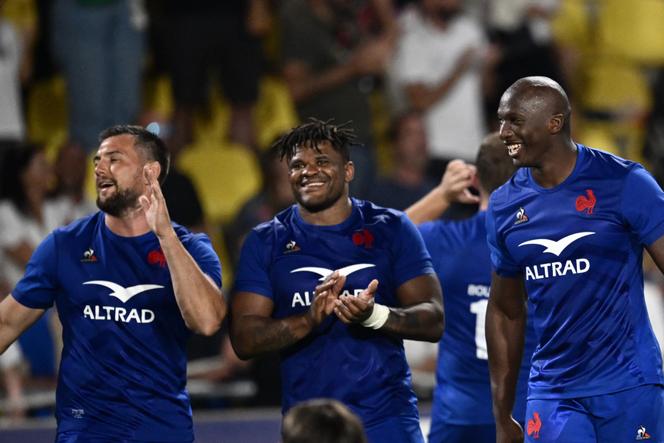 France's hooker Pierre Bourgarit, France's outside center Jonathan Danty and France's flanker Sekou Macalou celebrate after victory in the pre-World Cup friendly rugby union international match between France and Fiji at the la Beaujoire Stadium in Nantes, on August 19, 2023. 