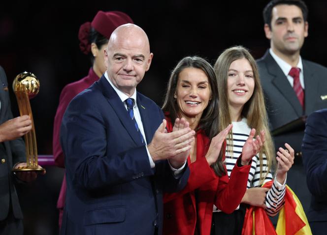 FIFA president Gianni Infantino and Spain's Queen Letizia are seen after Spain won the World Cup, at the Stadium Australia, in Sydney, on August 20, 2023.