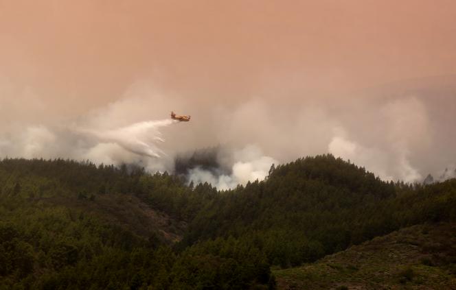 A Canadair aircraft flies over the area of Pico Cho Marcial in Arafo to drop water over a huge wildfire raging through forested areas that the Mount Teide volcano natural park, on the Canary island of Tenerife, on August 20, 2023. 