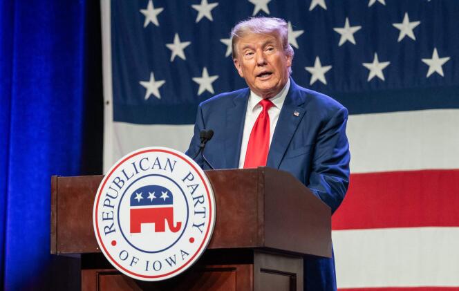 Donald Trump at an Iowa Republican party in Des Moines on July 28, 2023.