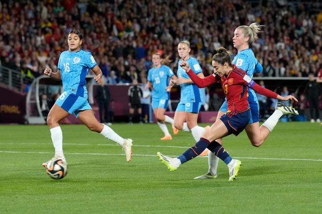 Spain's Olga Carmona scores her side's opening goal during the Women's World Cup soccer final between Spain and England at Stadium Australia in Sydney, Australia, August 20 2023.
