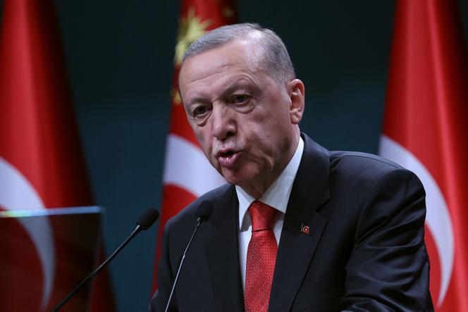 Turkish President Recep Tayyip Erdogan addresses media after the cabinet meeting at the Presidential Complex in Ankara on August 21, 2023.