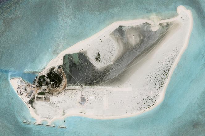 A satellite photo released by Planet Labs shows structures erected by China on an island in the Paracel archipelago in the South China Sea, August 15, 2023. 